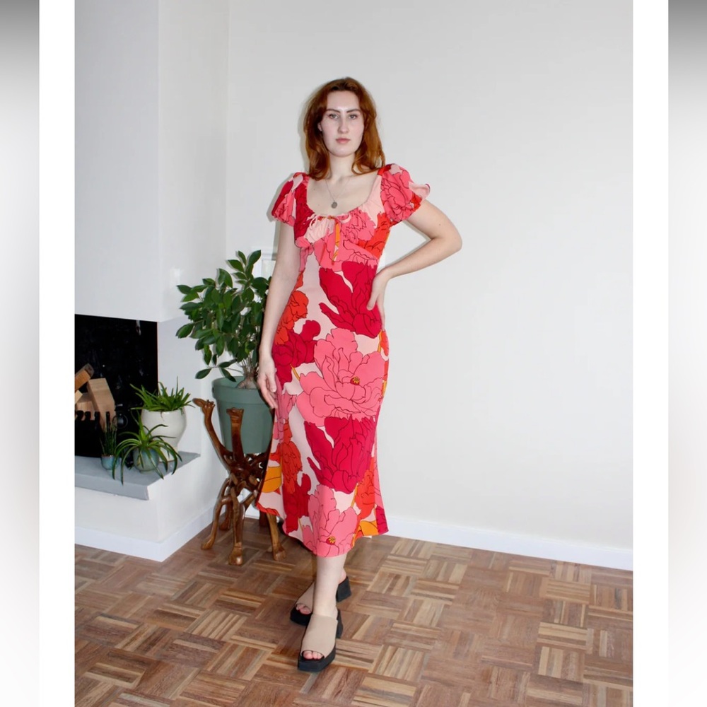 Handmade Multicolor Floral Print Puff Sleeve Midi Dress by Luci’s Lemons XS